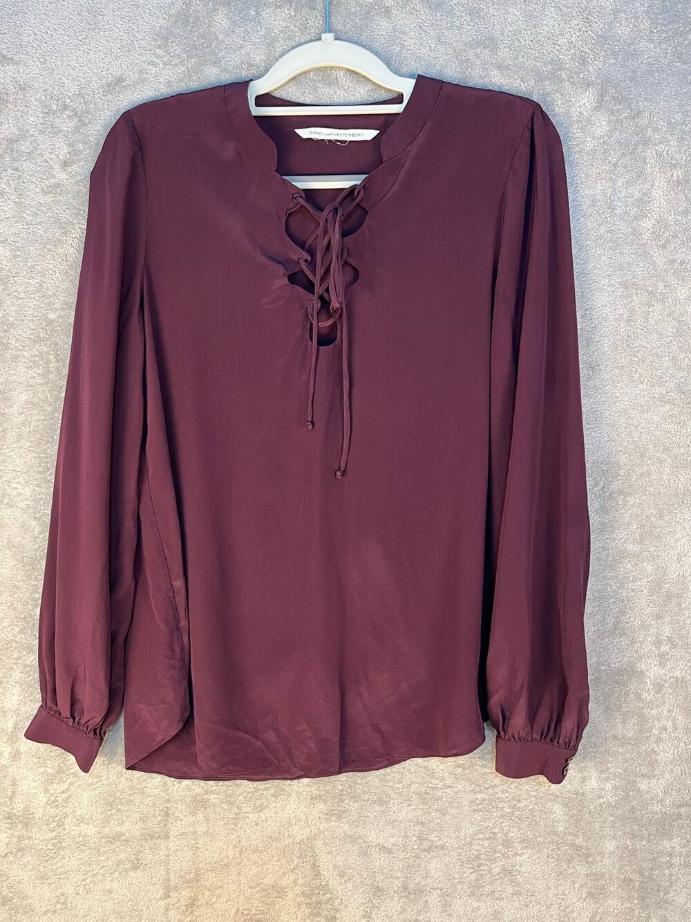 Diane Von Furstenburg Silk Blouse XS Burgundy Lace Up Whimsygoth Academia